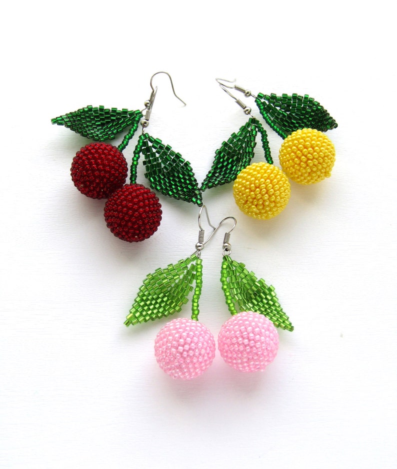 Fruits Beaded Earrings Dangle Cherry Earrings Handmade Beads Etsy