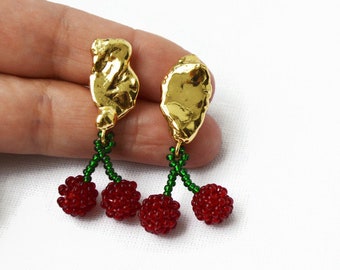 Cherry Beaded Strawberry earrings Fruit Beads Charms trendy earrings Jewielry red Curved studs 18k gold