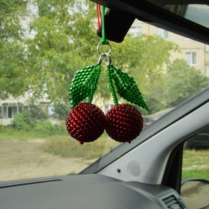 Car accessories for women/ Cherry  Rear view mirror charm Handmade Fruit beaded  decor