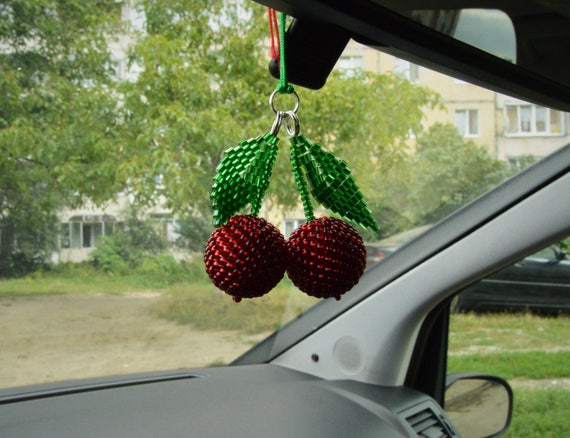 Car Accessories for Women/ Cherry Rear View Mirror Charm Handmade Fruit  Beaded Decor -  UK