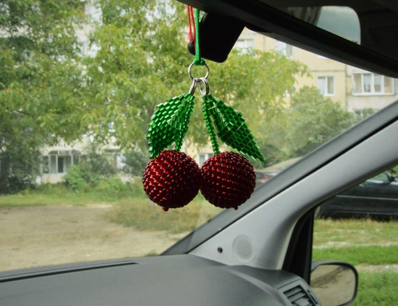 Car Accessories for Women/ Cherry Rear View Mirror Charm Handmade Fruit  Beaded Decor 