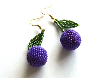 Plum beaded earrings dangle/ cool earrings /Fruit jewelry Handmade / gift for women