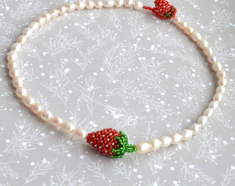 Strawberry red Pearl choker necklace for women with fruits beads Summer jewelry Handmade fruit