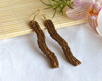 Handmade Bronze Seed Bead Earrings, Long Dangle Jewelry