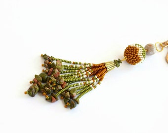 Beaded Tassel Keychain: Handmade Raw Stone Bag Charm