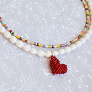 Pearl choker necklace for women with red heart beads necklace Beaded handmade Gold 14к Christmas gift for her