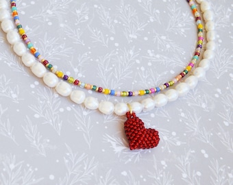 Pearl choker necklace for women with red heart beads necklace Beaded handmade Gold 14к Christmas gift for her