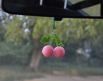 Travel Gift Idea Rear view mirror charm car accessories Handmade cherry charm Fruit accessories car decor beaded car charm