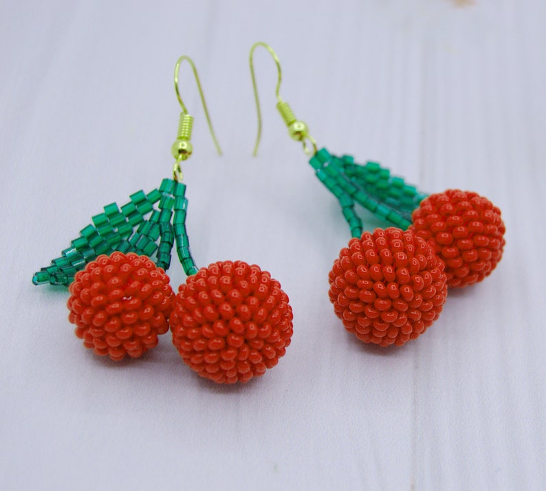 Red Cherry beaded earrings dangle Fruit jewelry Handmade gift Etsy