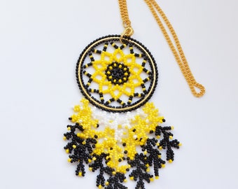 Sunflower yellow black beaded dream catcher for car fall accessories Rear view mirror charm gift for women Boho