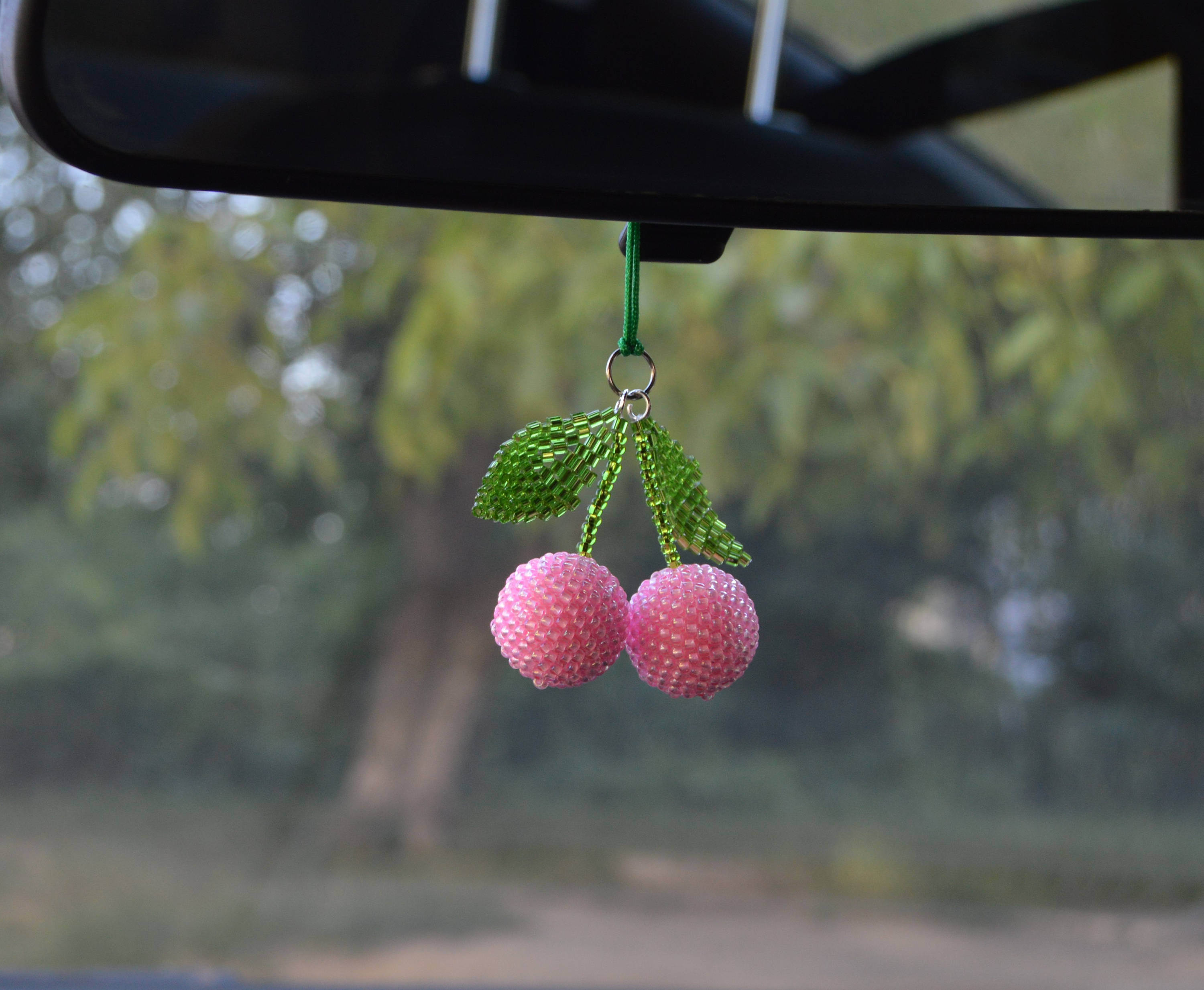 Cherry Car Mirror Hanging Accessories, Cute Crystal Suncatcher Rear