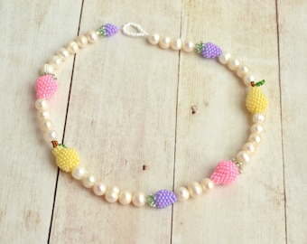 Pearl choker necklace for women with fruits beads Summer jewelry Handmade fruit strawberries, grapes, pear