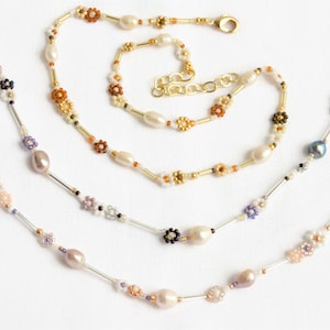 Beaded pearl necklace Choker Flowers Daisy Chain  Y2K Freshwater pearl