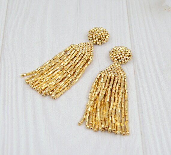 Gold Tassel Earrings / Gold Beaded Jewelry / Seed Bead | Etsy