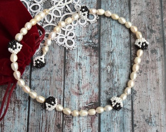 Yin Yang pearl choker necklace for women with beads, Christmas gift, Freshwater Pearl jewelry
