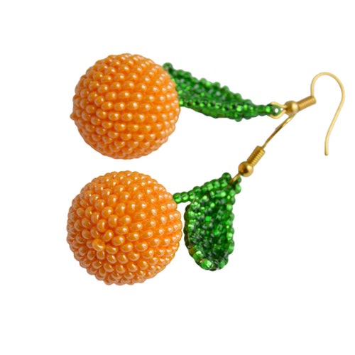 Orange Beaded Dangle Earrings Gold Hoops Fruit Jewelry Small Etsy