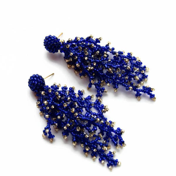 Celestial Jewelry Beaded Royal Blue Earrings Tassel Earrings Fringe Earrings Coral earrings  gift for women earrings Navy Blue Jewelry