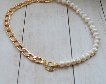 Handmade Pearl choker necklace Natural pearls chain Women's jewelry Gift for her beaded Fashion gold accessories 18 k