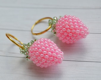 Pink Beaded Strawberry Hoop Earrings Fruit Beads Charms blackberry trendy earrings Jewielry