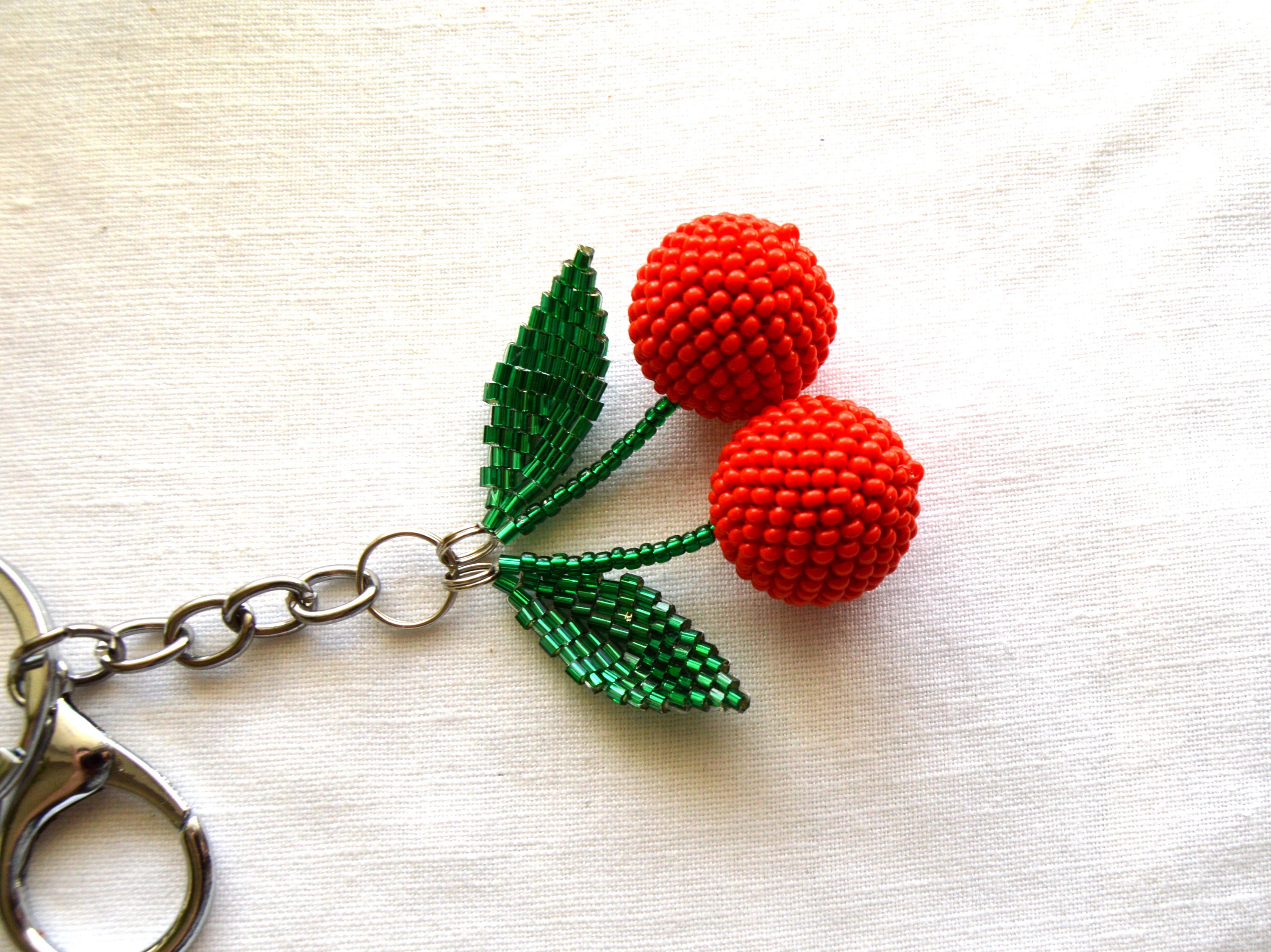 Beaded Cherry Keychain Pom Pom Keychain Red Keychain for Women Etsy