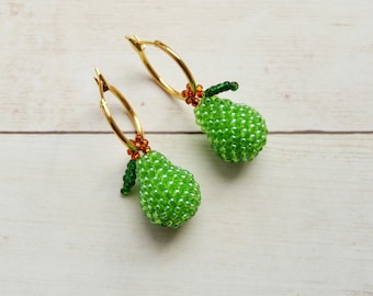 Beaded green pear earrings Beads  fruit jewelry funny golden hoops Dangle Seed bead earrings Trendy Jewellery gift for her