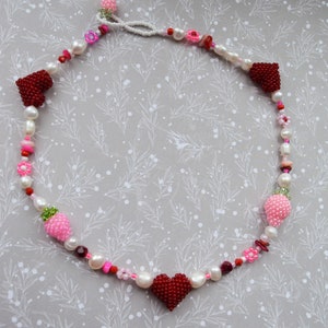 Handmade Pearl Choker Necklace: Strawberry, Heart, Fruit Beads