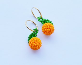 Orange Beaded Dangle earrings gold hoops Fruit jewelry small  earrings tiny Drop Funny food gift for daughter