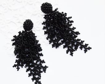Black Beaded Tassel earrings Coral Earrings handmade beaded jewelry dangle earrings womens gift