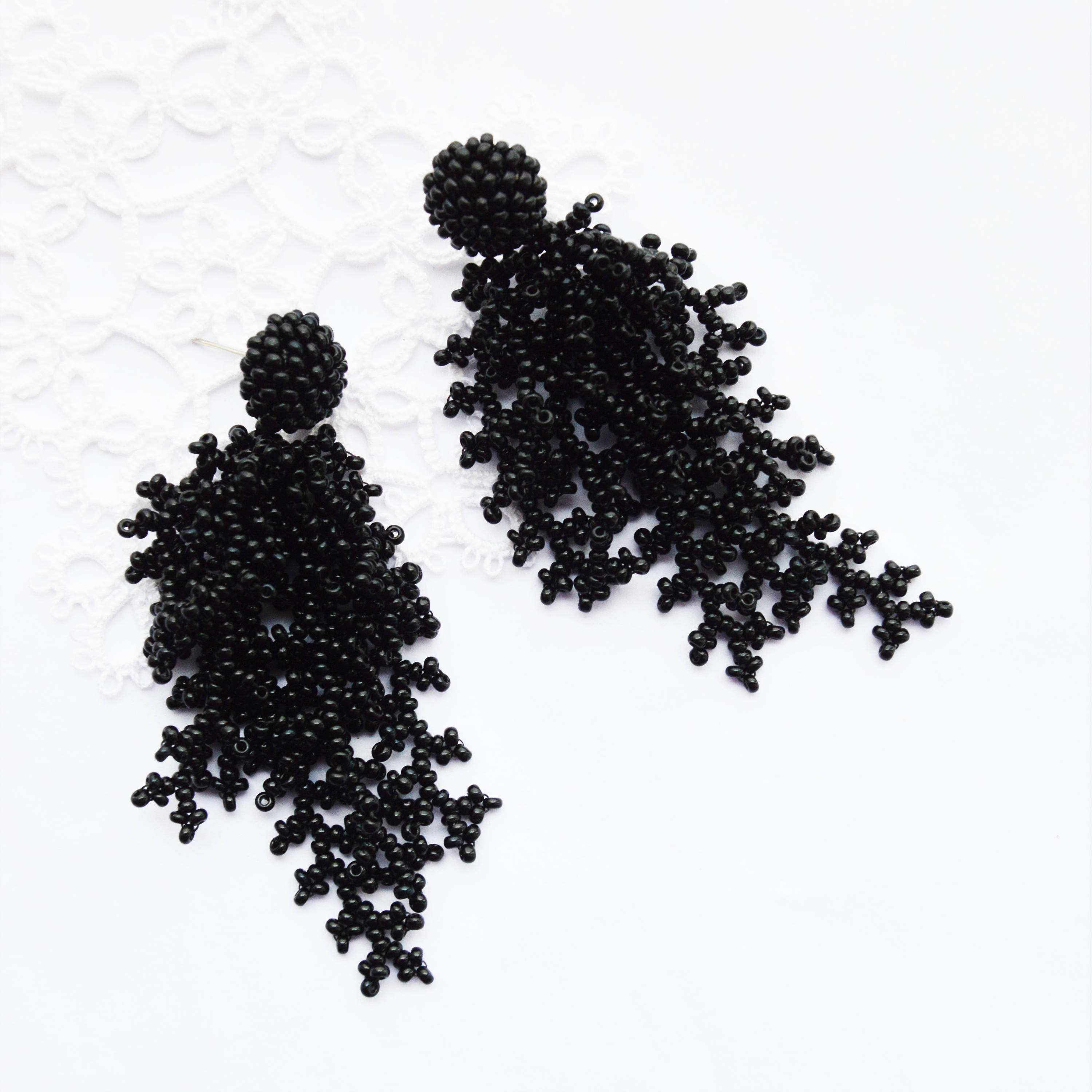 Black Beaded Tassel earrings Coral Earrings handmade beaded Etsy