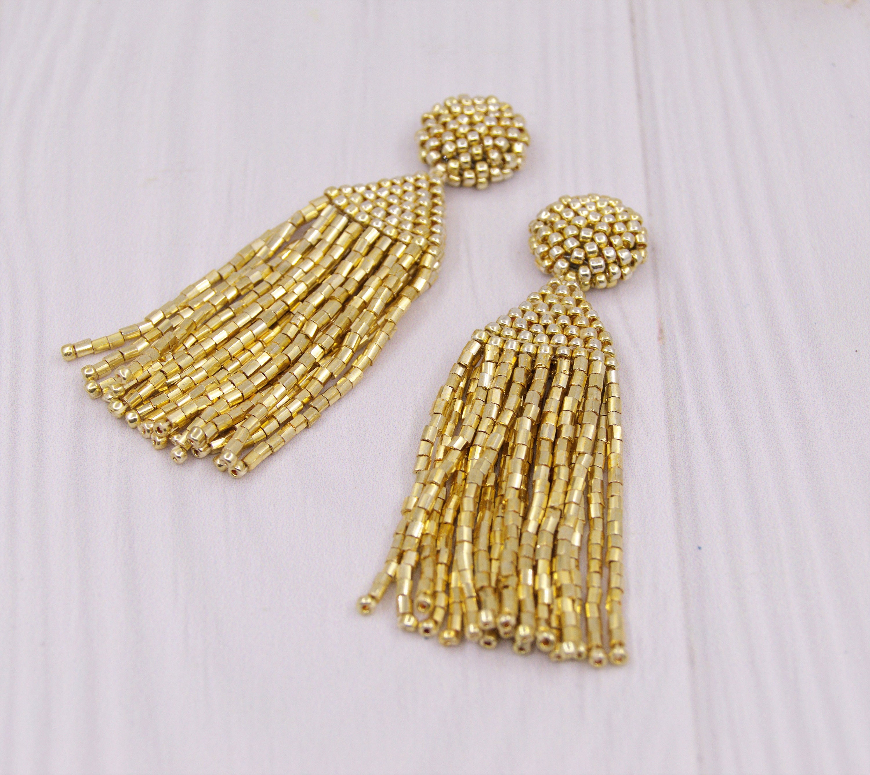 Gold Tassel Earrings / Gold Beaded Jewelry / Seed Bead Etsy