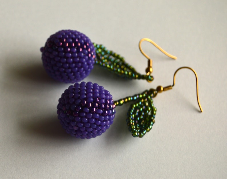 Plum beaded earrings dangle/ cool earrings /Fruit jewelry Etsy