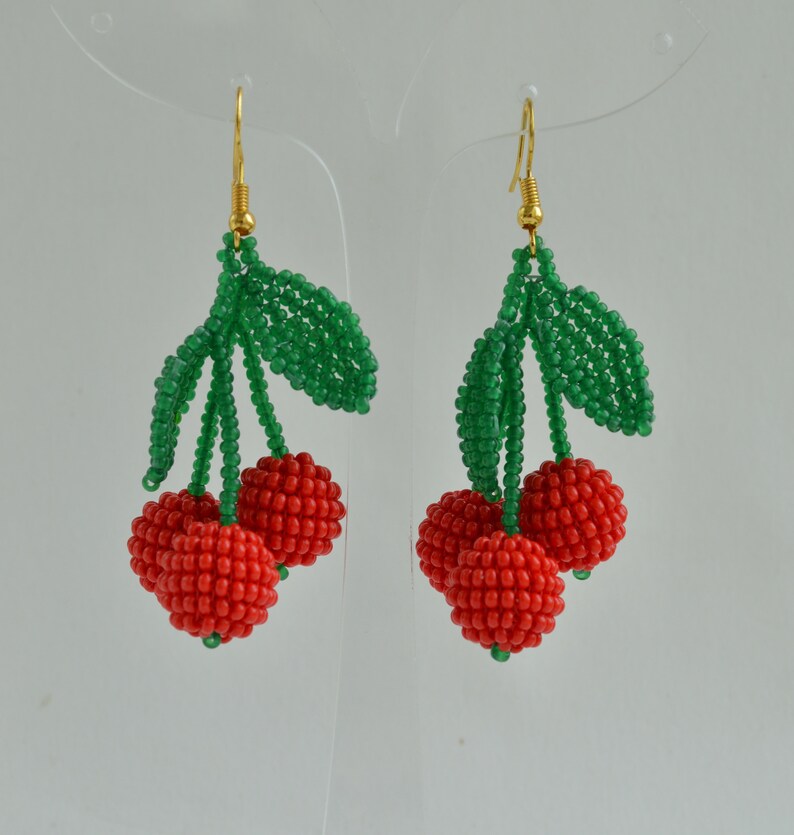 Triple Red Cherry earrings beaded dangle earrings Red Fruit Etsy