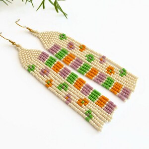 Beaded Fringe earrings / Shoulder Duster/ Floral Earrings/Tassel long handwoven seed bead earrings/ boho jewelry