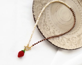 Pearls choker necklace for women with fruits beads Strawberry Handmade Beaded fruit pearl jewelry natural garnet stone