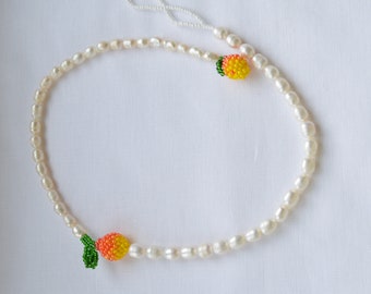 Pearl choker necklace for women with fruits Mango beads Summer jewelry Handmade fruit