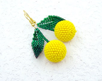 Fruit earrings/ Lemon Beaded earrings/ Dangle earrings/ gift for daughter Drop Cherry Funny food jewelry