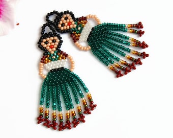 Mexican Lady Earrings /Fiesta Doll Earrings/ Frida jewelry /Tassel earrings/ Multicolor Beaded Earrings /Seed bead Huichol