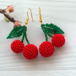 Red Cherry beaded earrings dangle Fruit jewelry Handmade gift for women cool seed bead earrings