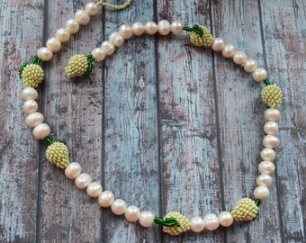 Pearl choker necklace for women Olive with fruits beads Summer jewelry Handmade fruit