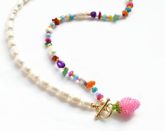 Strawberry Pearl choker necklace for women with fruits beads Handmade Beaded fruit pearls jewelry colorful