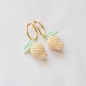 Cream Beads earrings grapes lychee gold hoop earrings small Beaded Jewielry  Handmade