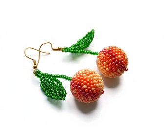 Peach beaded earrings dangle/ cool seed bead earrings /Fruit jewelry Handmade / gift for women