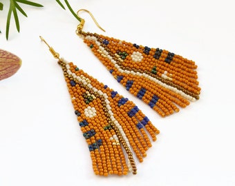 Rust Beaded Fringe earrings Moon sun Tassel long handwoven  boho jewelry gifts for her triangle