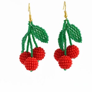 Triple Red Cherry earrings beaded dangle earrings Red Fruit earrings Fruit jewelry Handmade earrings gift for women Kitsch