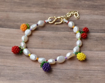 Fruits white pearl bracelet for women with multicolor beads rainbow Summer jewelry Handmade