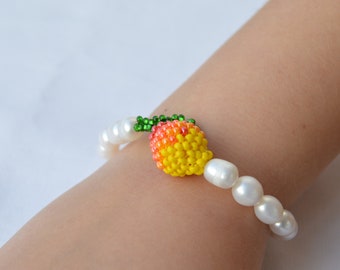 Mango Fruits white pearl bracelet for women with Handmade beads jewelry yellow