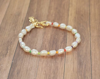 Basic white pearl bracelet for women with multicolor beads rainbow Summer jewelry Handmade