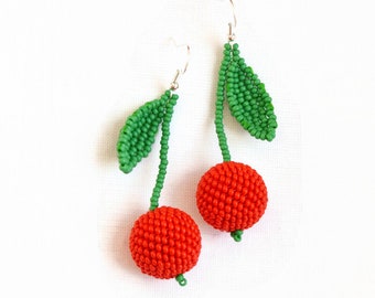 Fruits Beaded earrings Dangle Cherry earrings Handmade Beads fruit jewelry gift for women seed beaded earrings