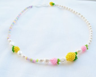 Pearls Strawberry lemon choker necklace for women with fruits beads Summer jewelry Handmade fruit pink freshwater pearl