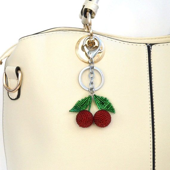 Beaded Cherry Keychain, Women's Purse Charm, Handmade Designer Accessory